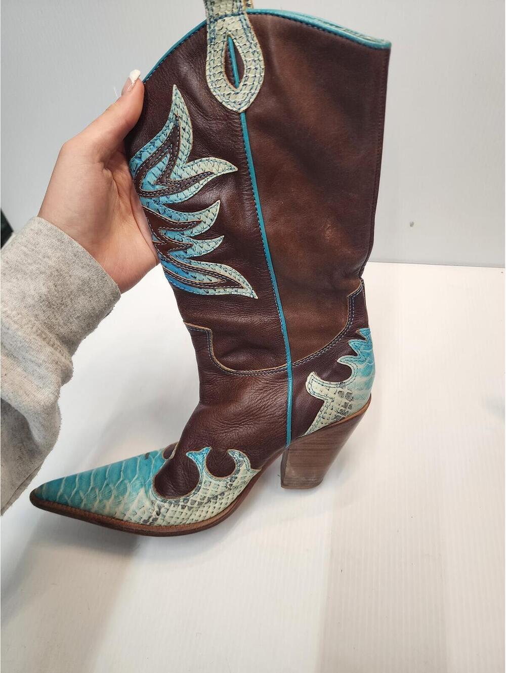Para Raio Size 8 Brown and Turquoise Western Style Leather Cowboy Boots